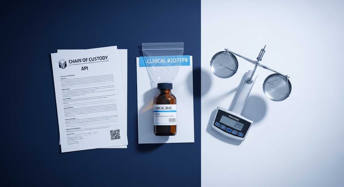 Top-down of a sealed amber API container with chain-of-custody documents and precision balance