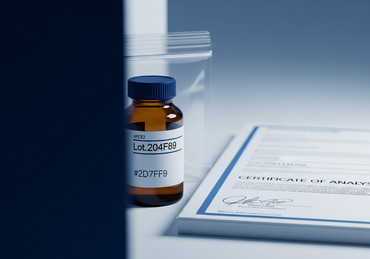 Sealed amber pharmaceutical API container with chain-of-custody documents