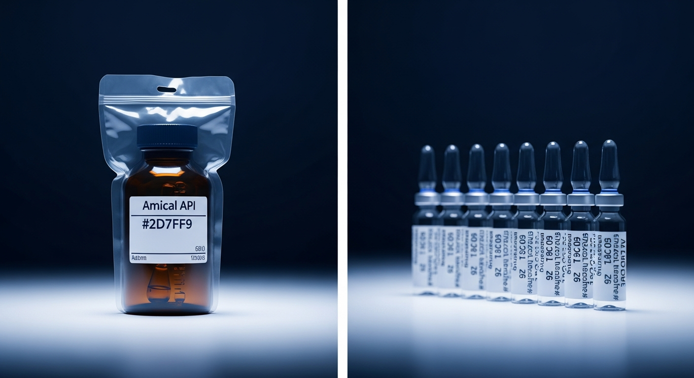 503A bulk API container next to 503B finished-dose injectable vials on a clinical surface