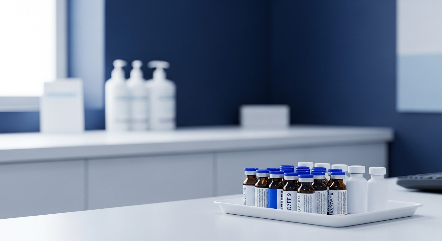 Wellness clinic interior with a tray of pharmaceutical vials on a counter