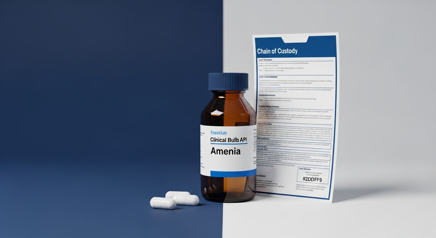Sealed amber bulk pharmaceutical API container with chain-of-custody documentation alongside