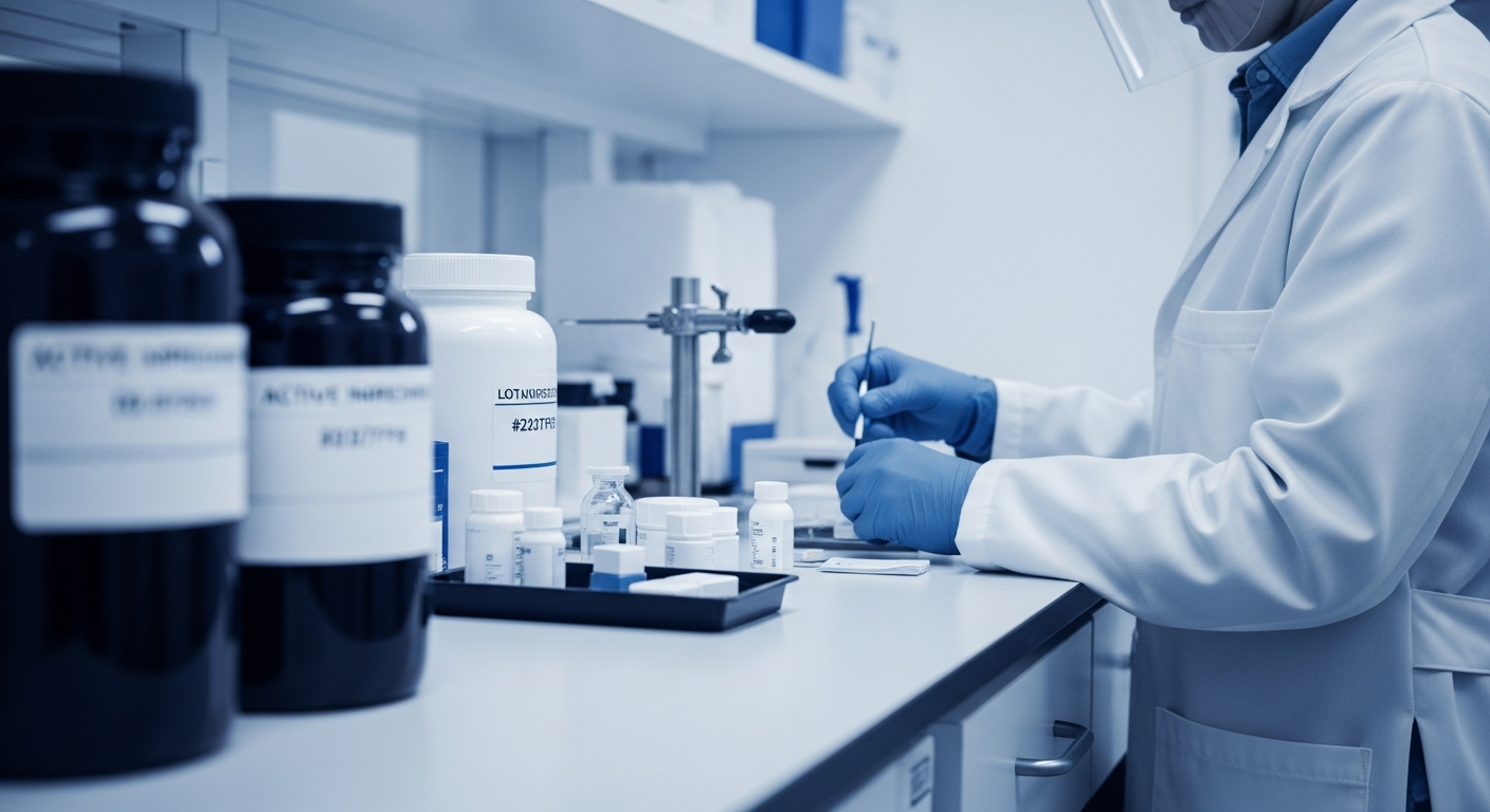 Pharmacist working with bulk pharmaceutical API in a compounding pharmacy