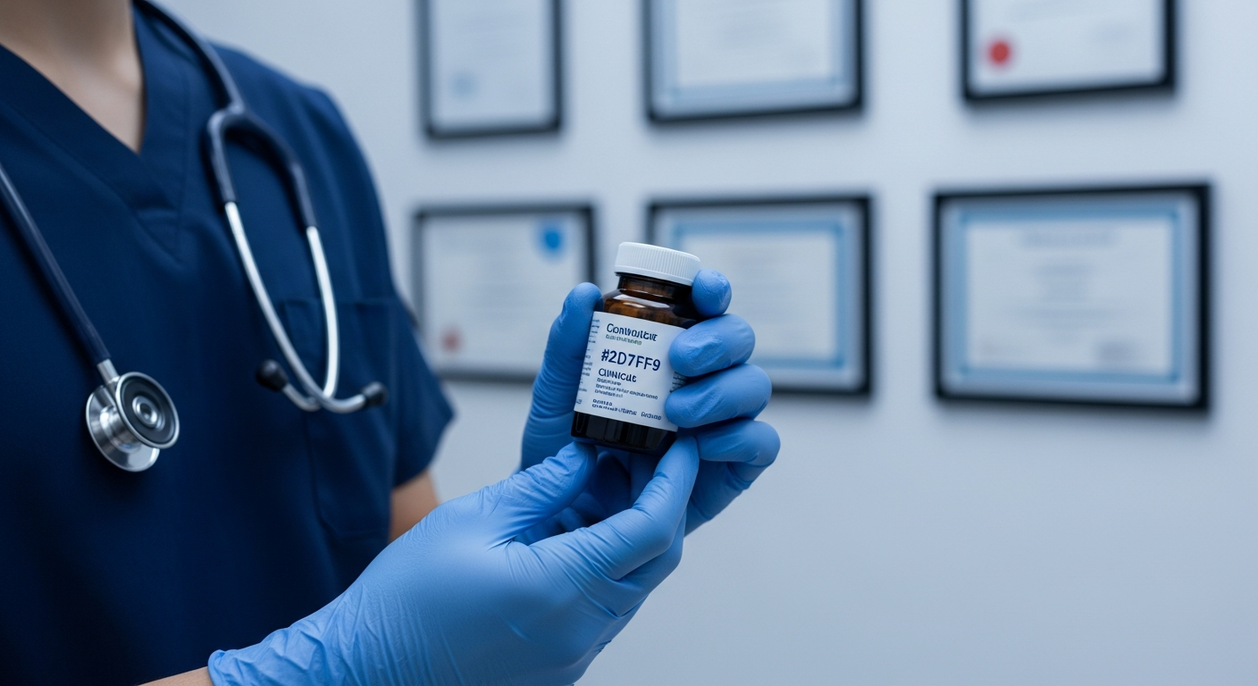 Wall of framed pharmaceutical certifications and credentials