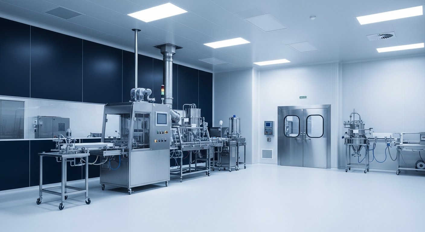 Pharmaceutical cGMP manufacturing cleanroom with stainless steel processing equipment