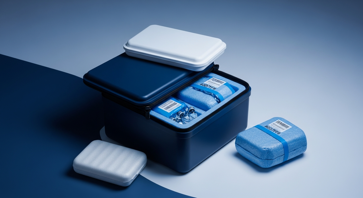 Insulated cold-chain shipping container with cold packs and pharmaceutical vials