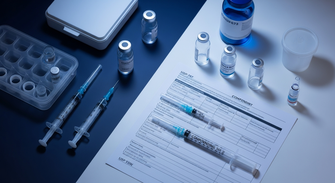 Top-down of a USP 797 compounding workspace with sterile syringes, vials, and worksheet