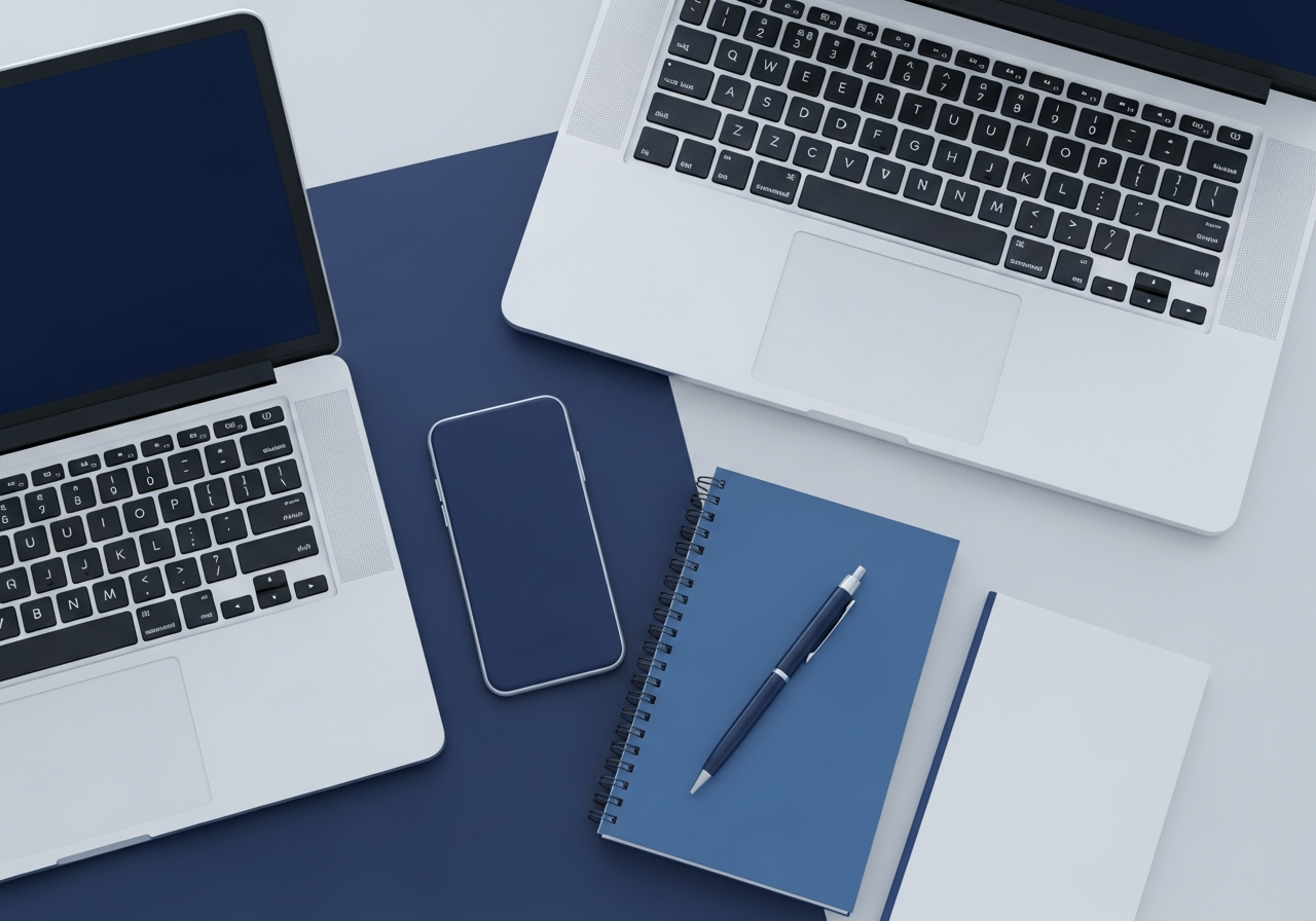 Top-down view of a laptop, smartphone, and notebook on a clean clinical desk