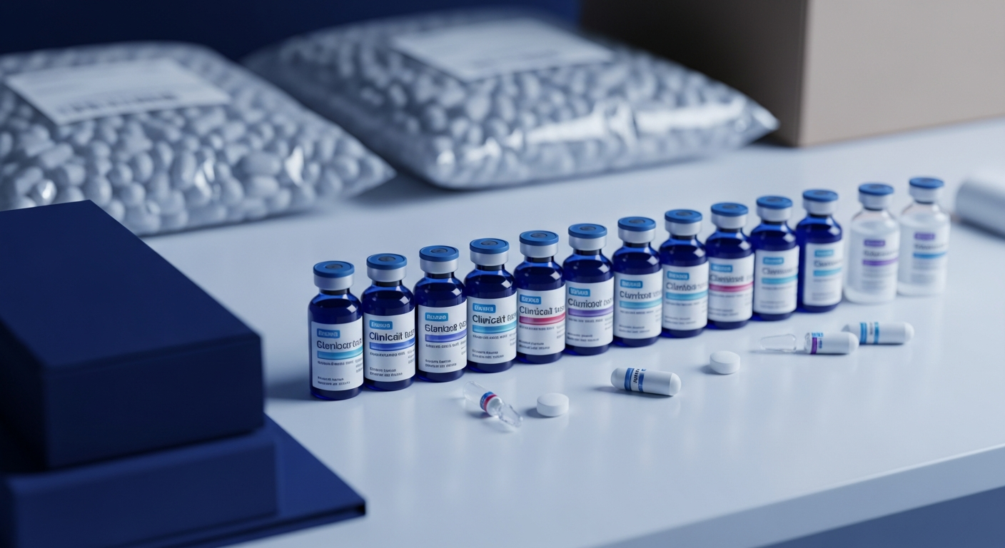 Top-down of pharmaceutical vials with branded labels on a fulfillment-bench surface