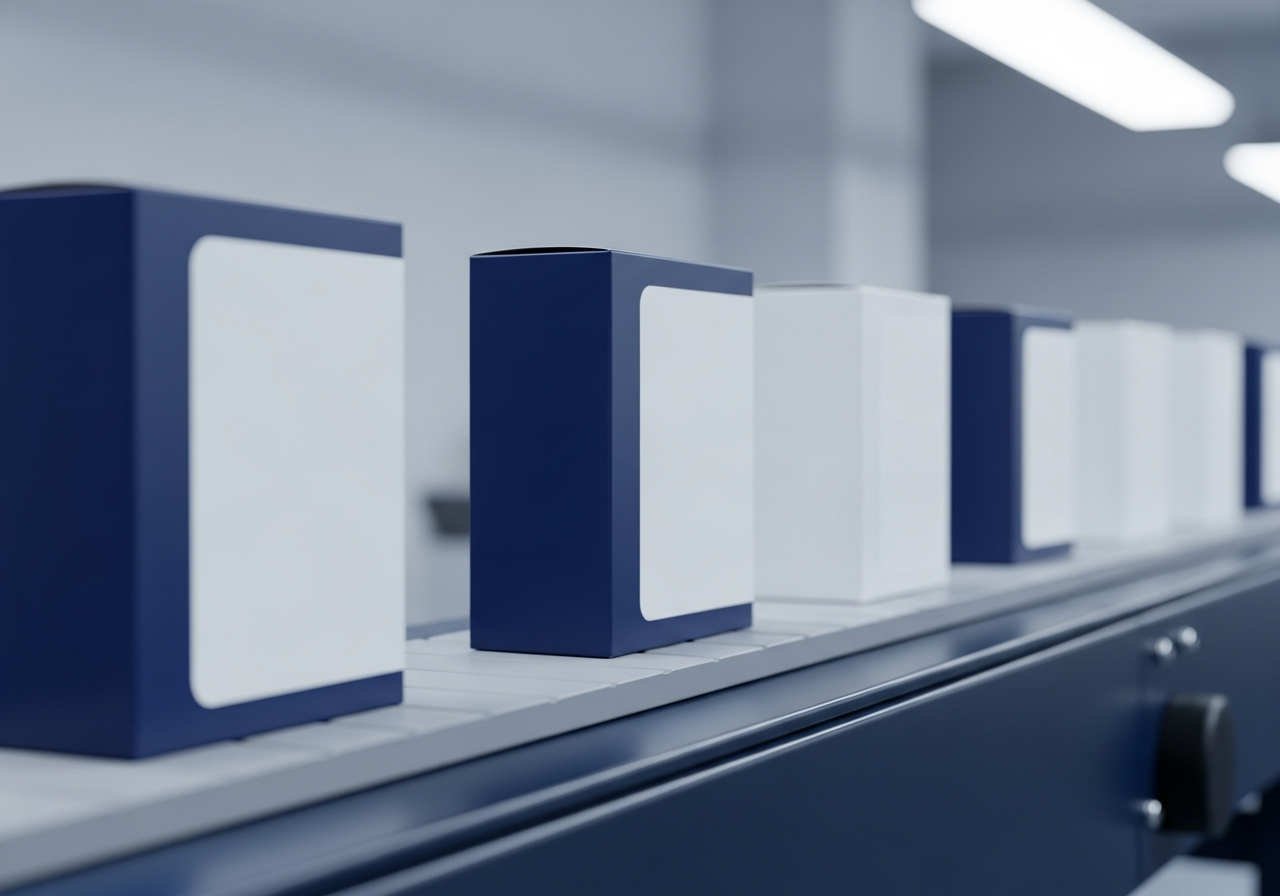 Branded retail product boxes on a fulfillment-line conveyor