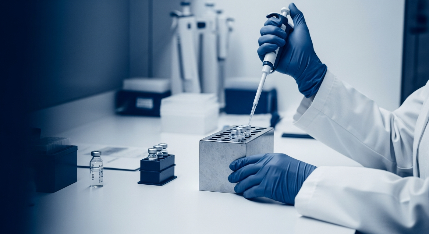 LAL endotoxin testing setup on a lab bench with pipette and sample vials