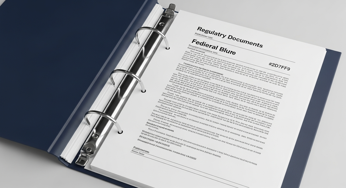 Top-down of a regulatory documents binder open to a printed federal-style document