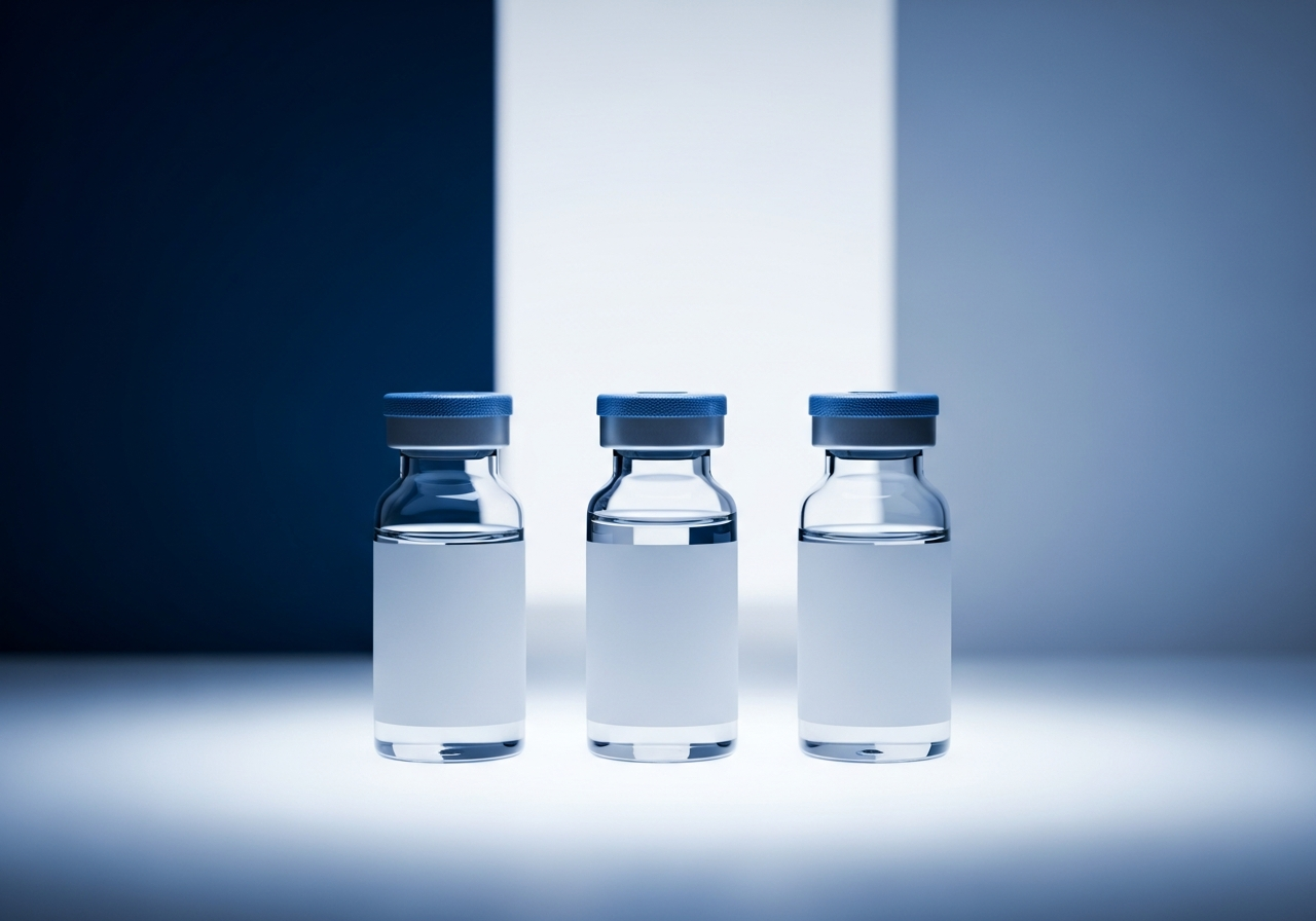 Three identical wholesale GLP-1 pharmaceutical vials in a row