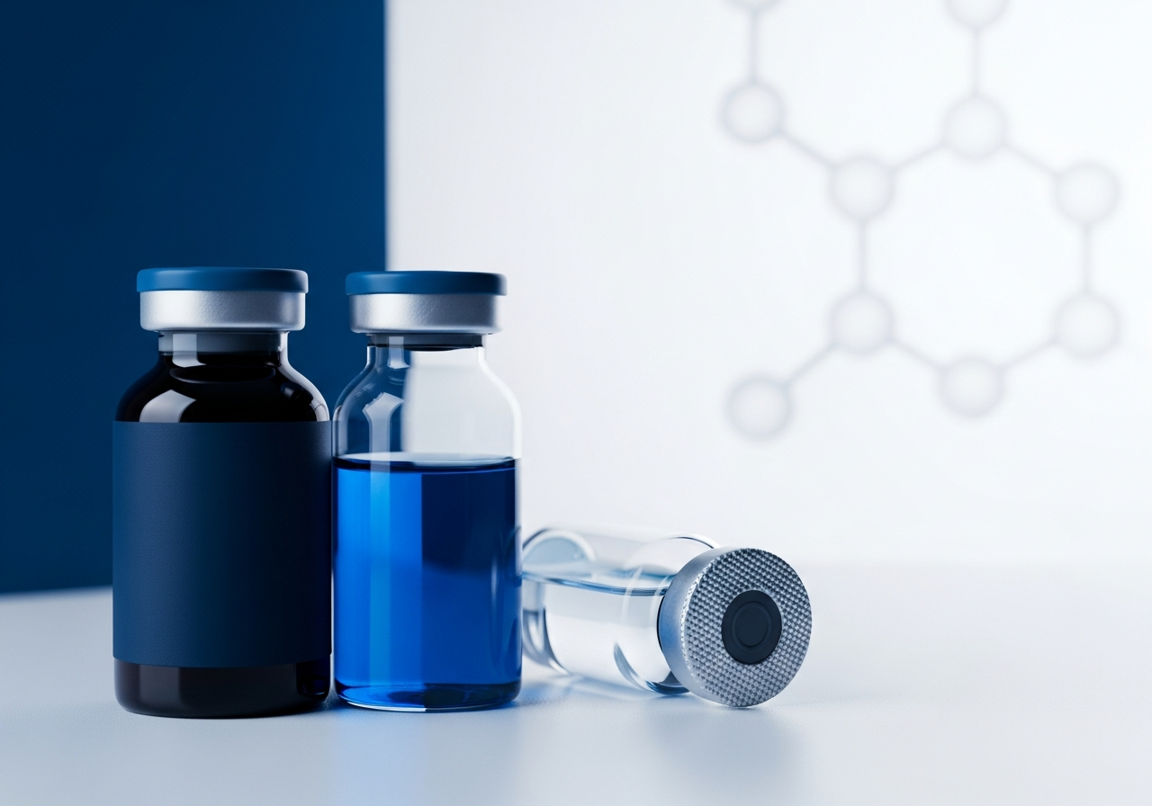 Growth hormone peptide pharmaceutical vials with molecular pattern background