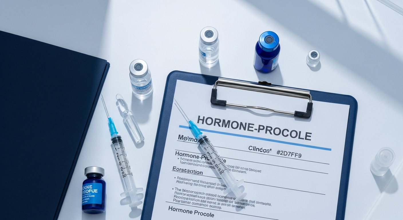 Top-down of pharmaceutical vials, syringes, and a hormone TRT protocol clipboard