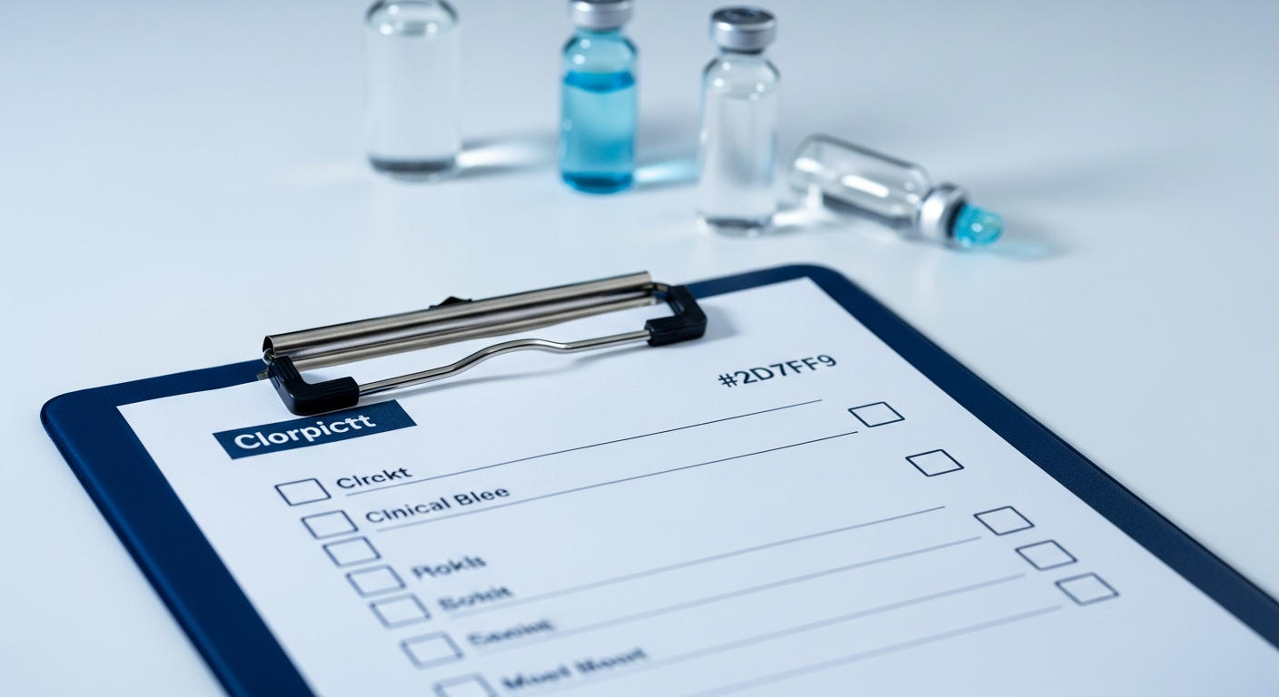 Clinical checklist on a clipboard with pharmaceutical vials in soft focus — wholesale peptide supplier evaluation