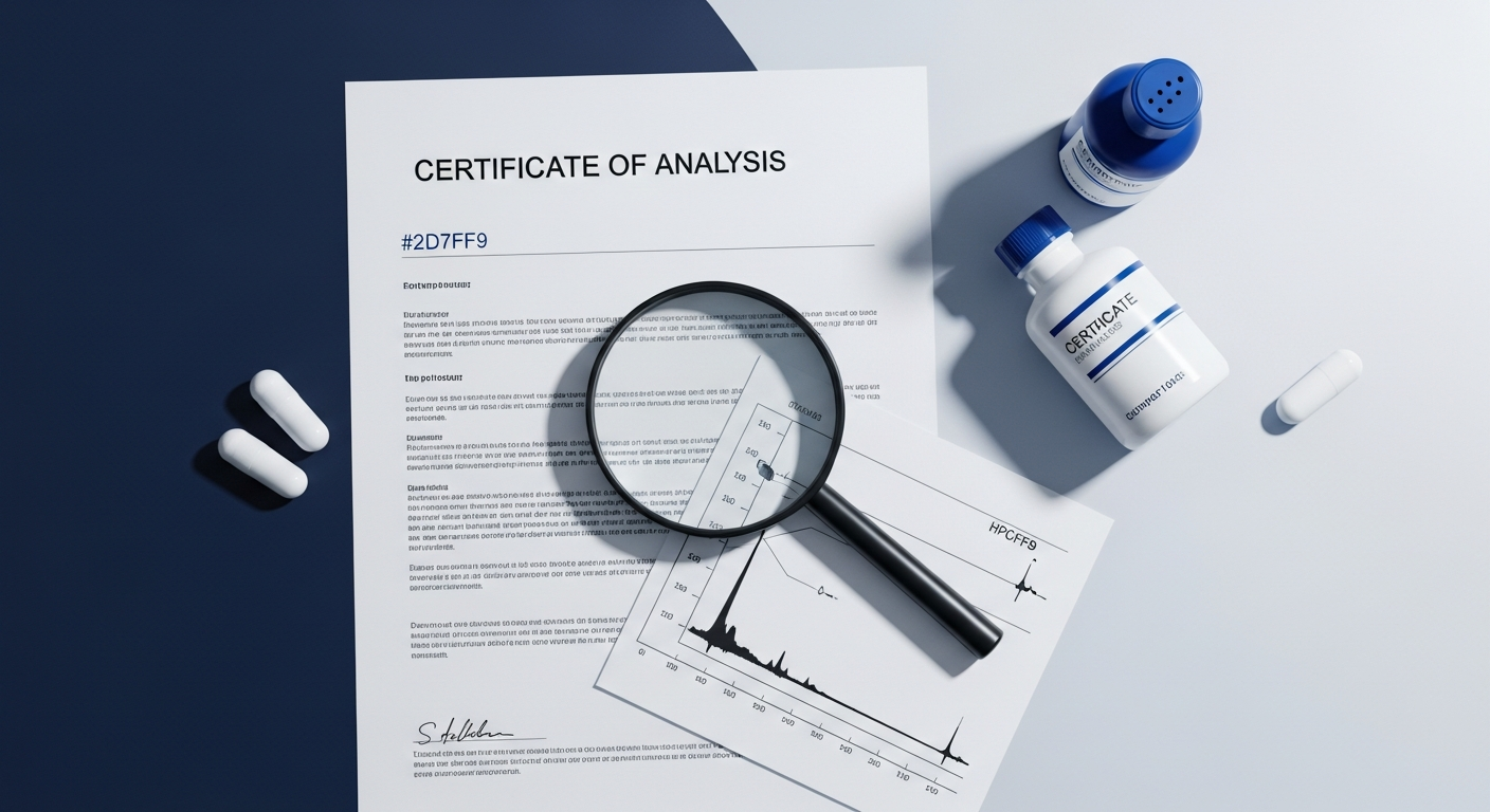 Top-down view of a peptide Certificate of Analysis with HPLC chromatograph chart and magnifying glass