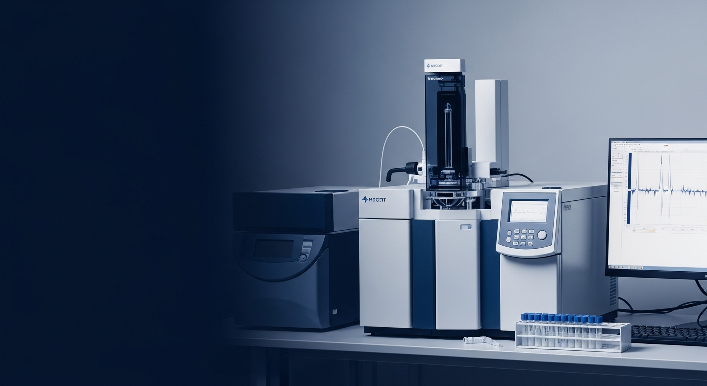 HPLC instrument in a peptide testing lab with sample vial rack and chromatograph waveform