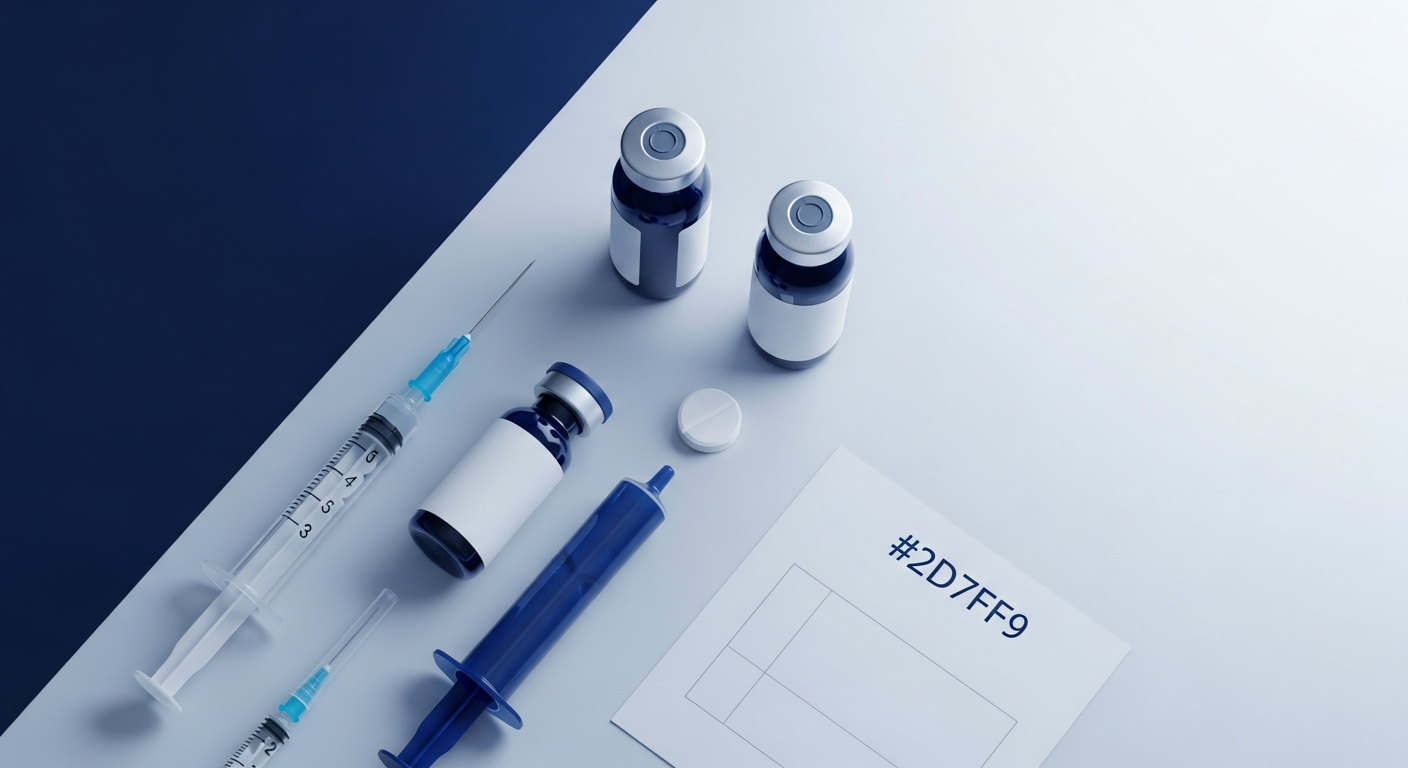 Top-down of premium pharmaceutical vials, syringes, and a tablet showing biomarker chart