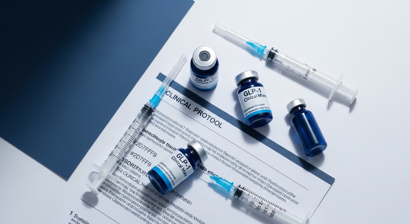 Top-down of GLP-1 vials, syringes, and a medical weight-loss protocol document