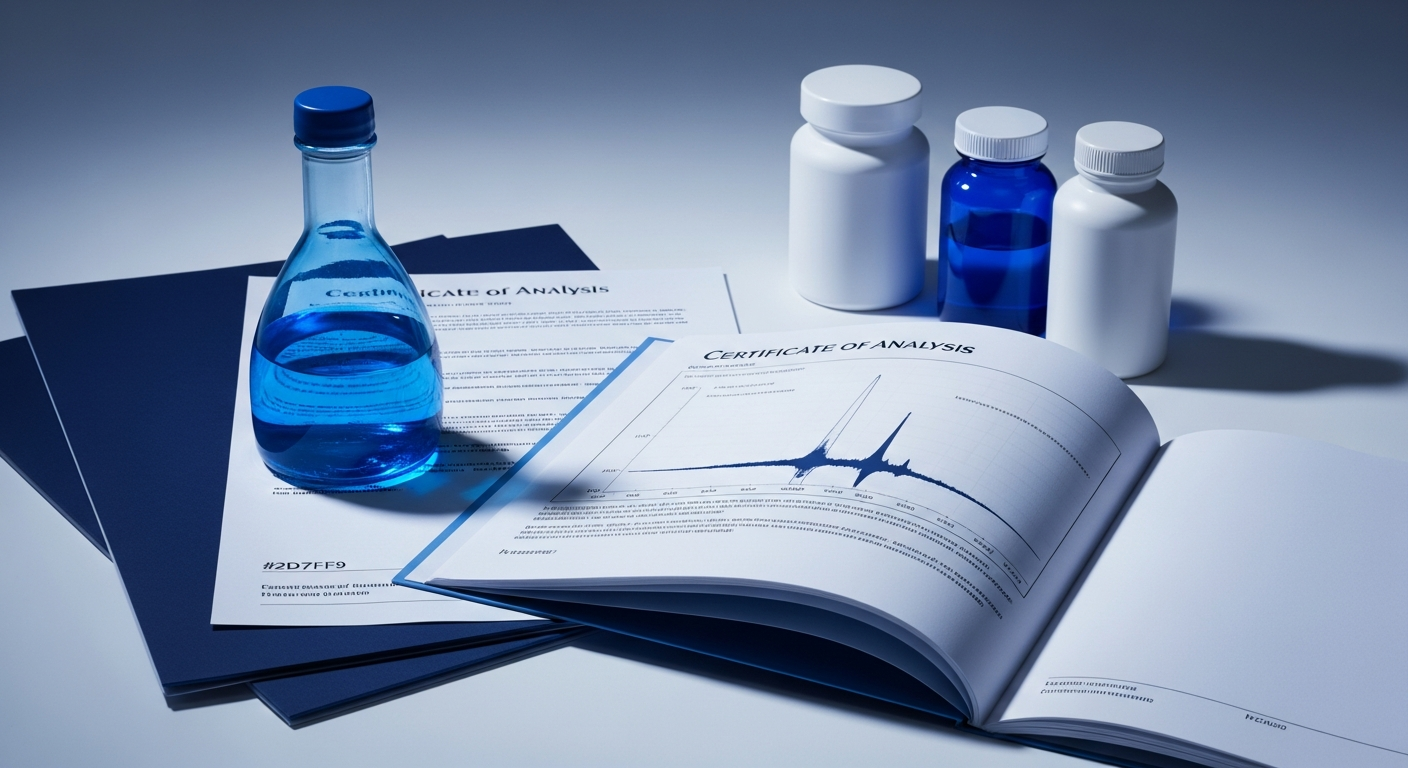 Stack of Certificate of Analysis documents with HPLC chromatograph chart