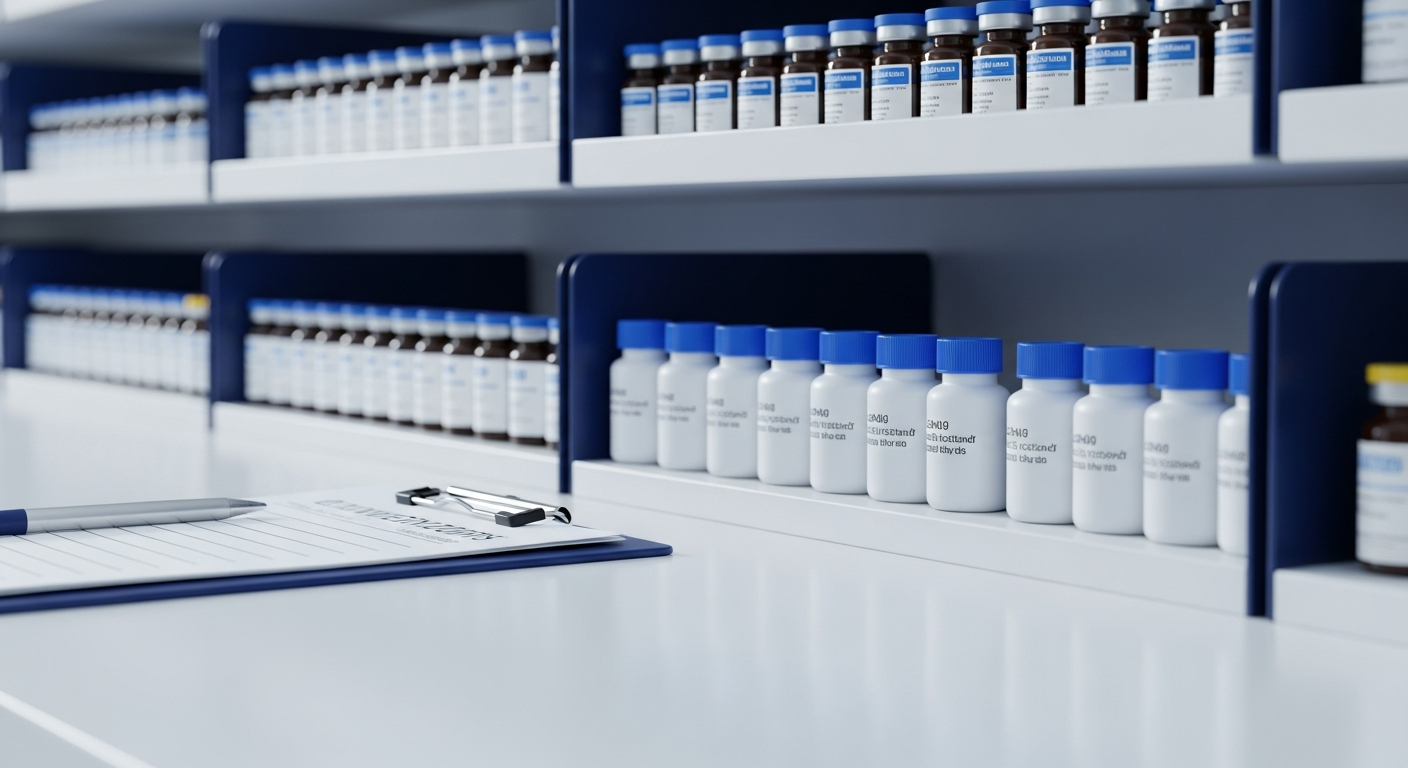 Organized rows of pharmaceutical vials on white pharmacy shelves with inventory clipboard