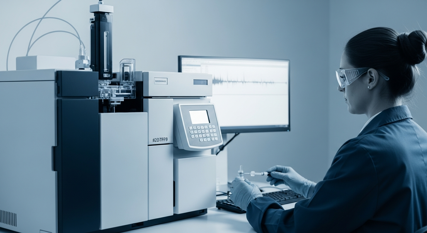 Lab technician operating an HPLC instrument with chromatograph waveform