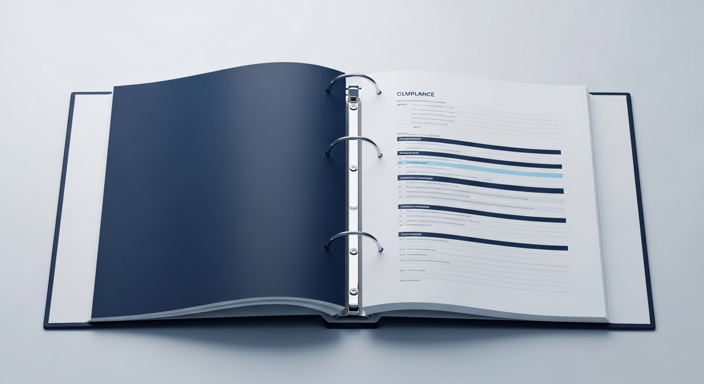 Regulatory compliance binder open on a professional desk surface