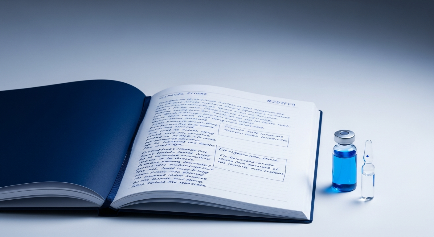 Open clinical notebook with handwritten notes alongside a pharmaceutical vial