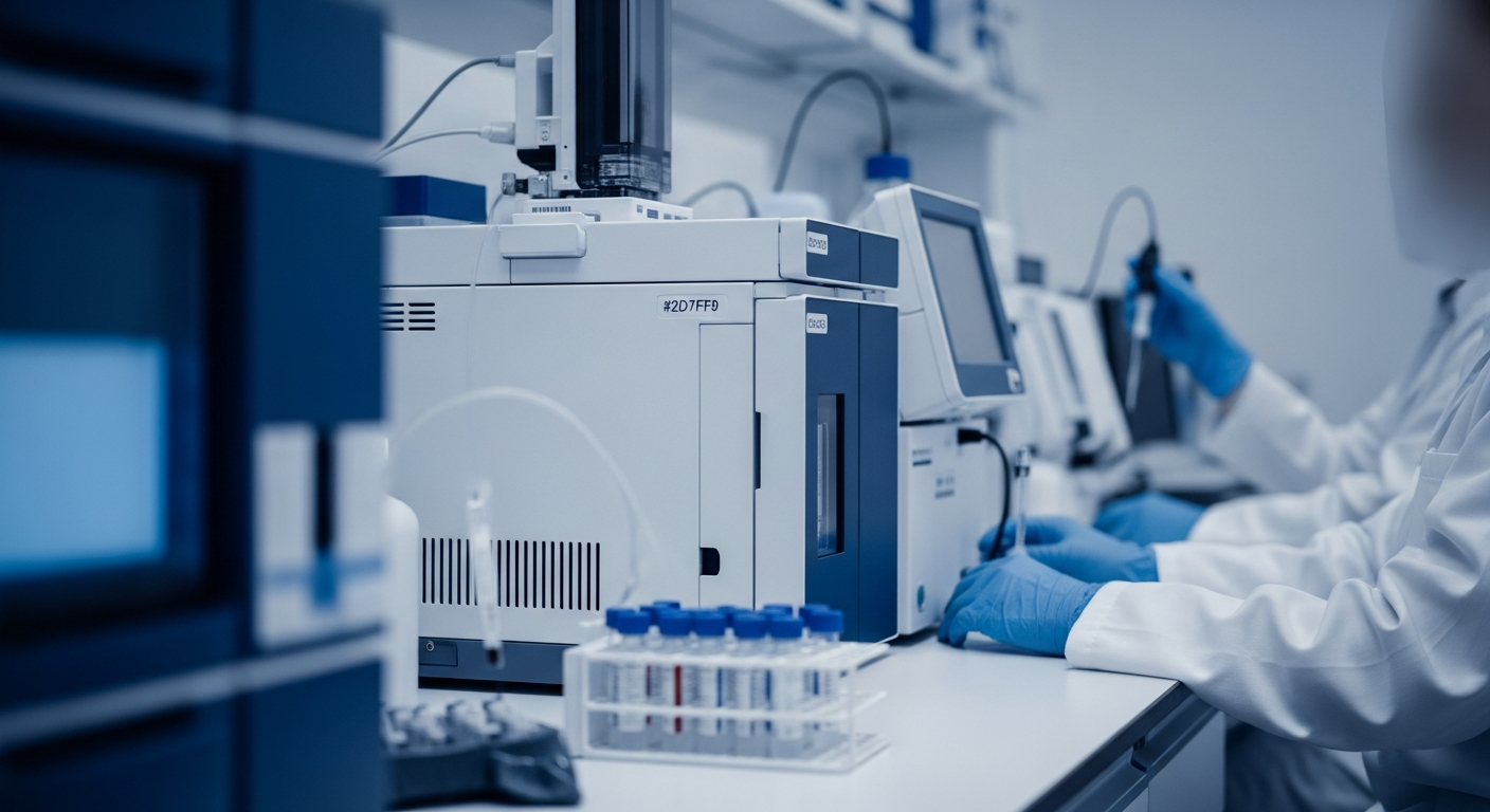 Third-party HPLC testing lab with sample vial rack and instrument