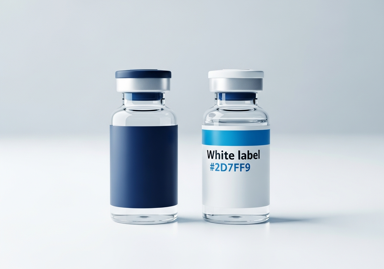Unbranded vial alongside a clean private-label branded vial