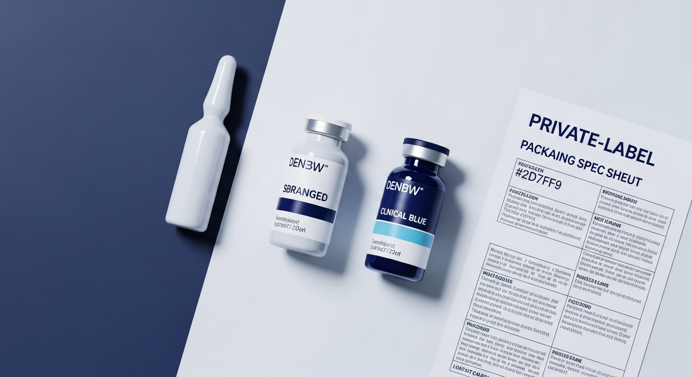 Top-down of an unbranded vial, a branded vial, and a printed packaging spec sheet