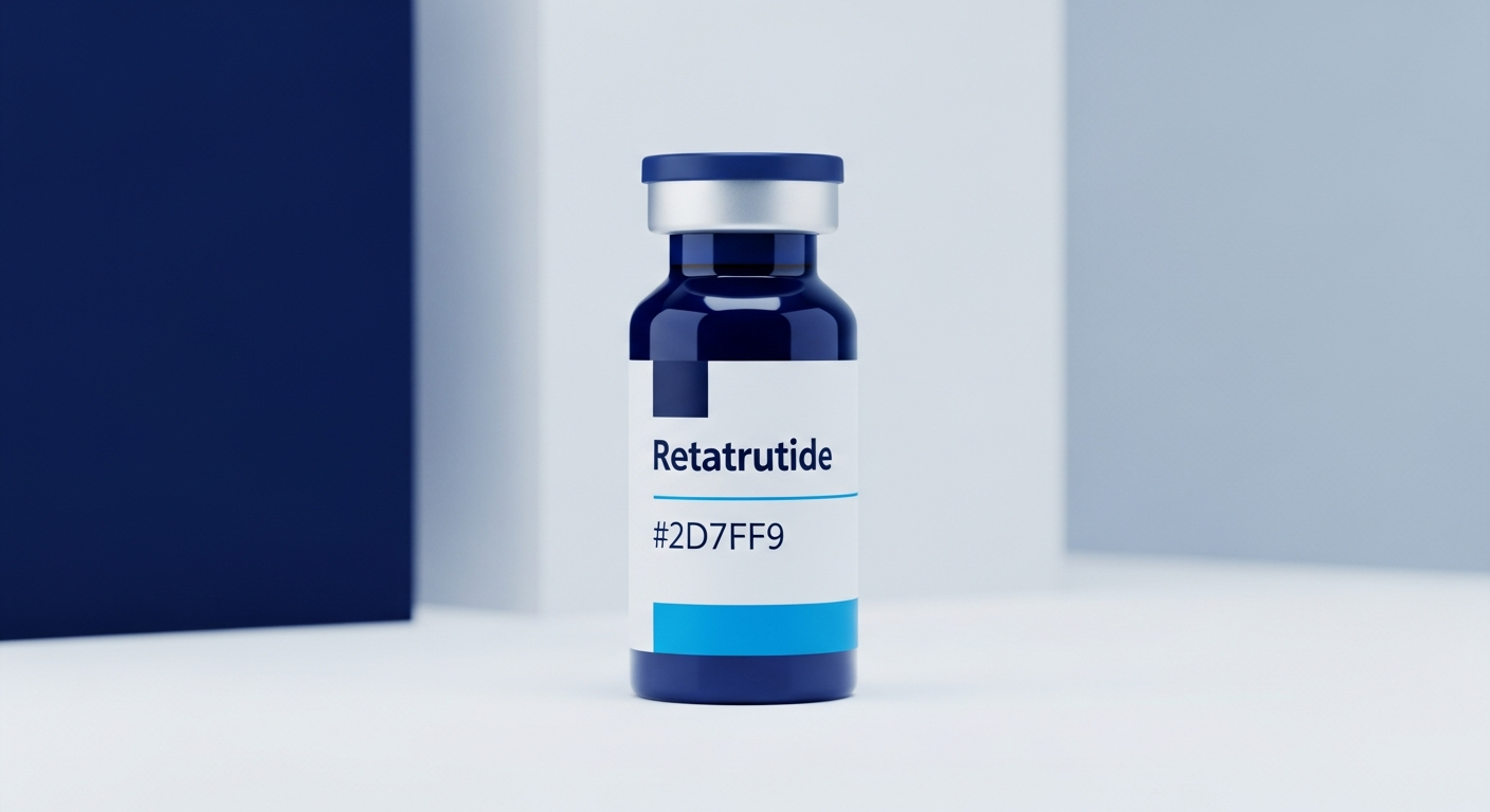 Premium retatrutide pharmaceutical vial on a clean clinical surface