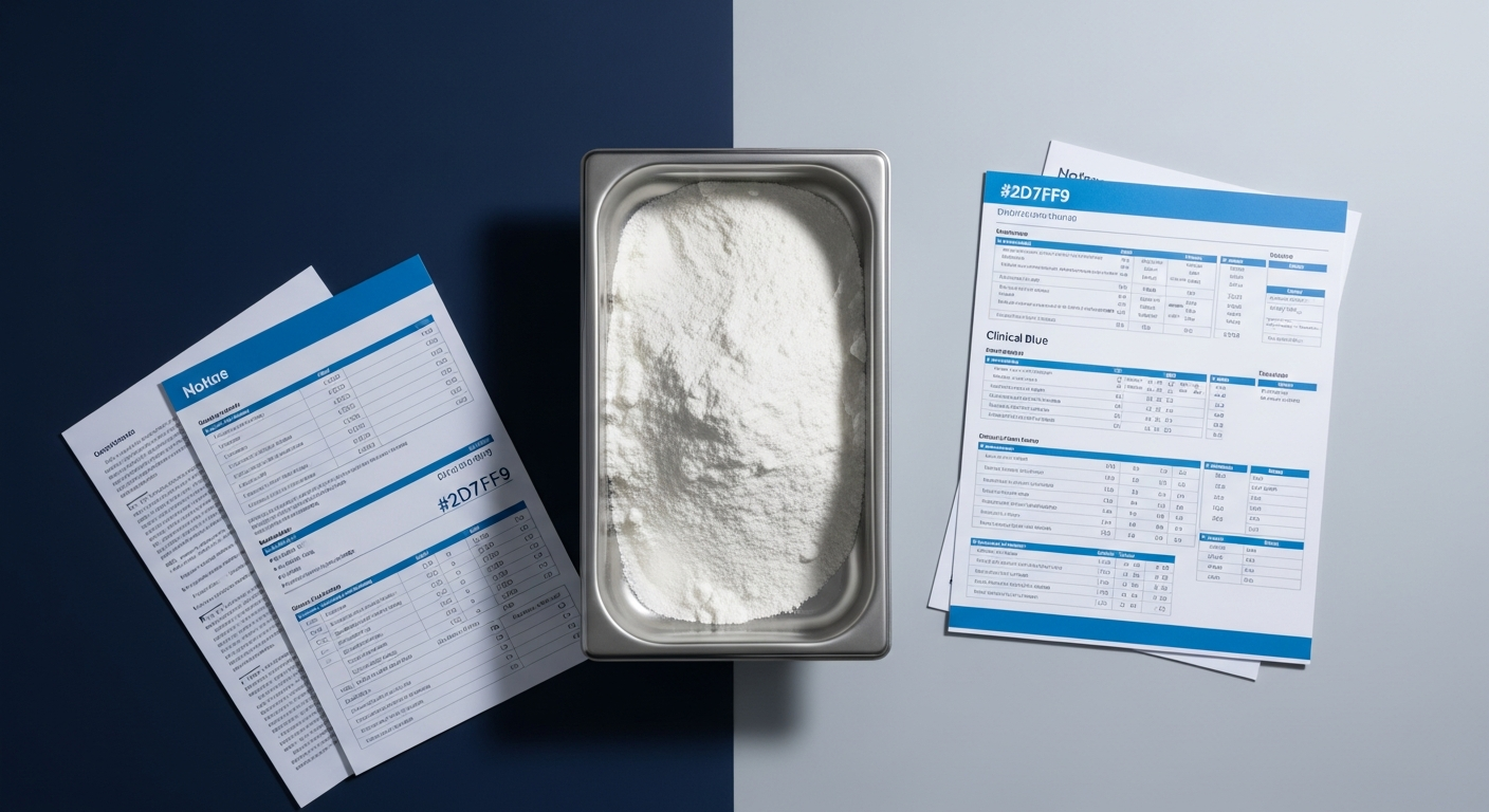 Top-down of bulk fine white powder in a stainless steel measuring tray with documentation