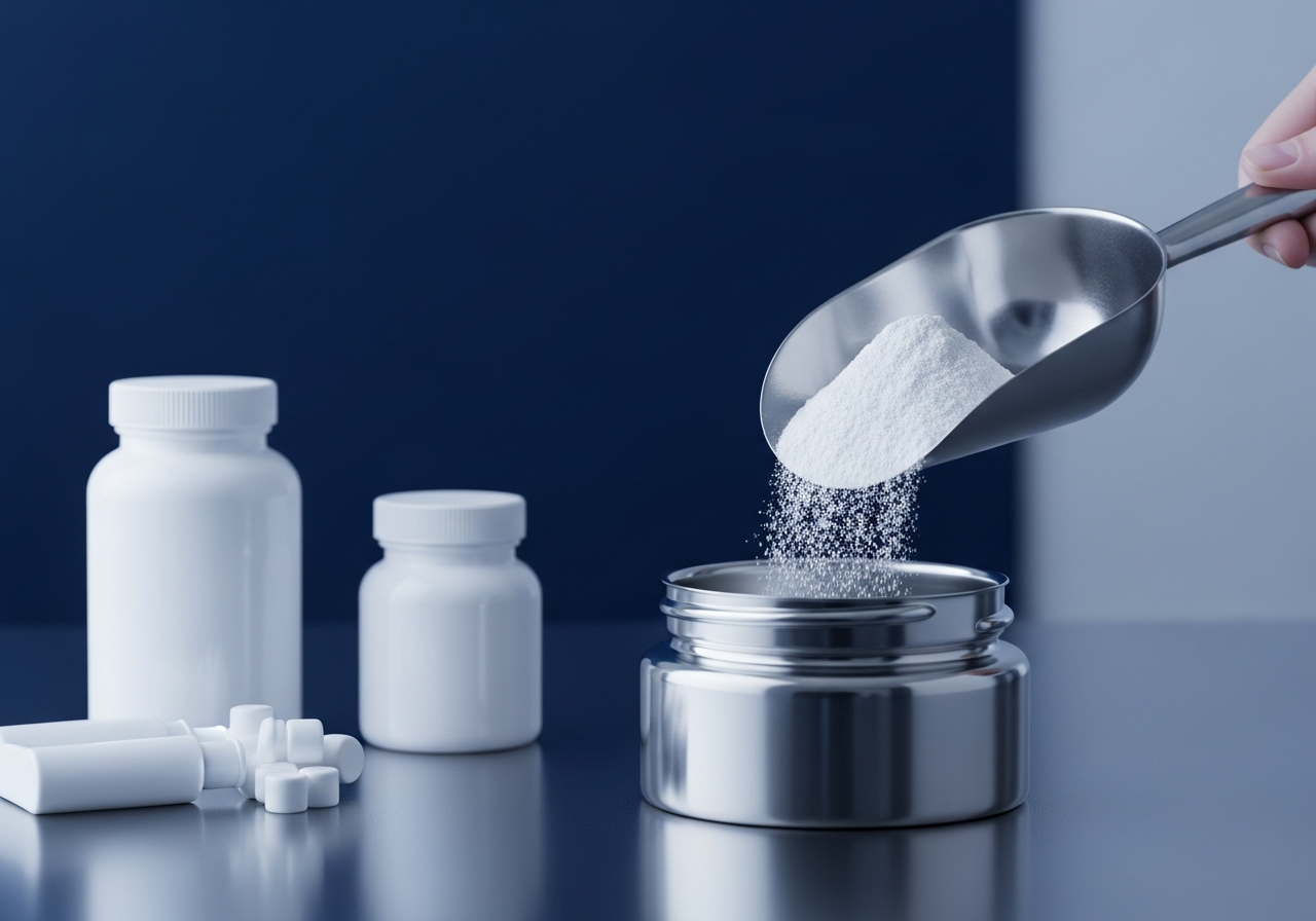 Stainless steel scoop transferring fine white powder into a formulation vessel