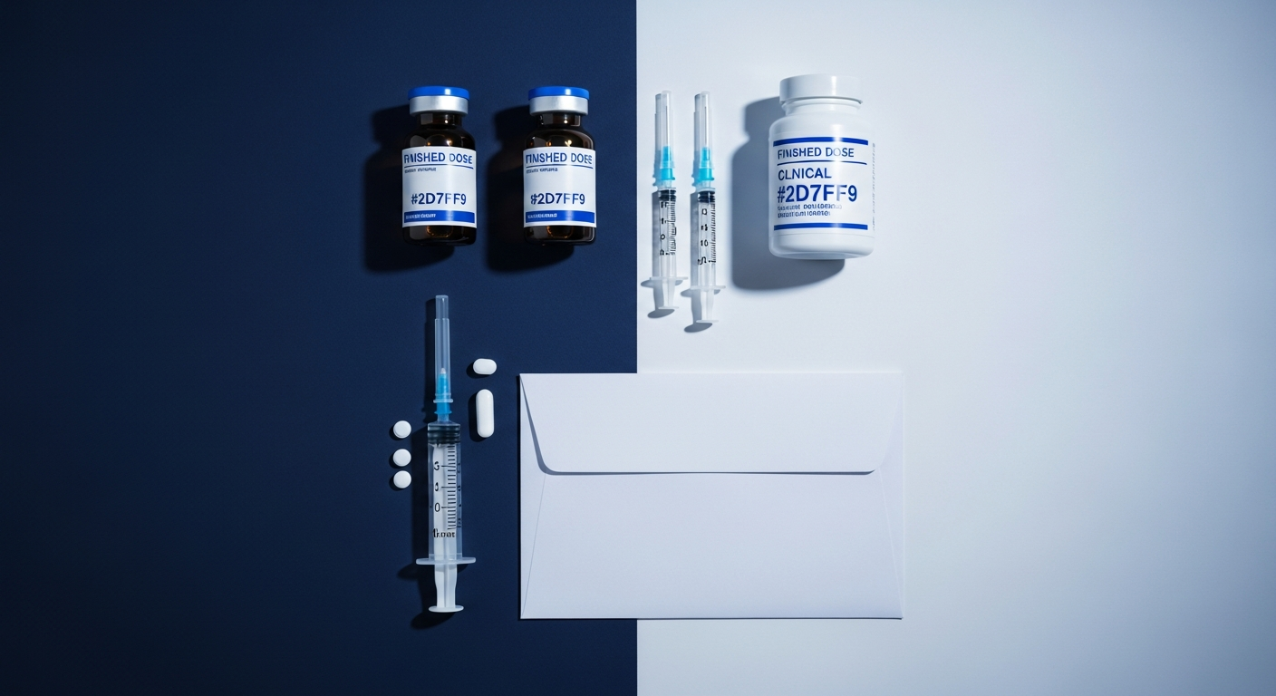 Top-down of finished-dose pharmaceutical vials, sterile syringes, and a discreet mailer envelope
