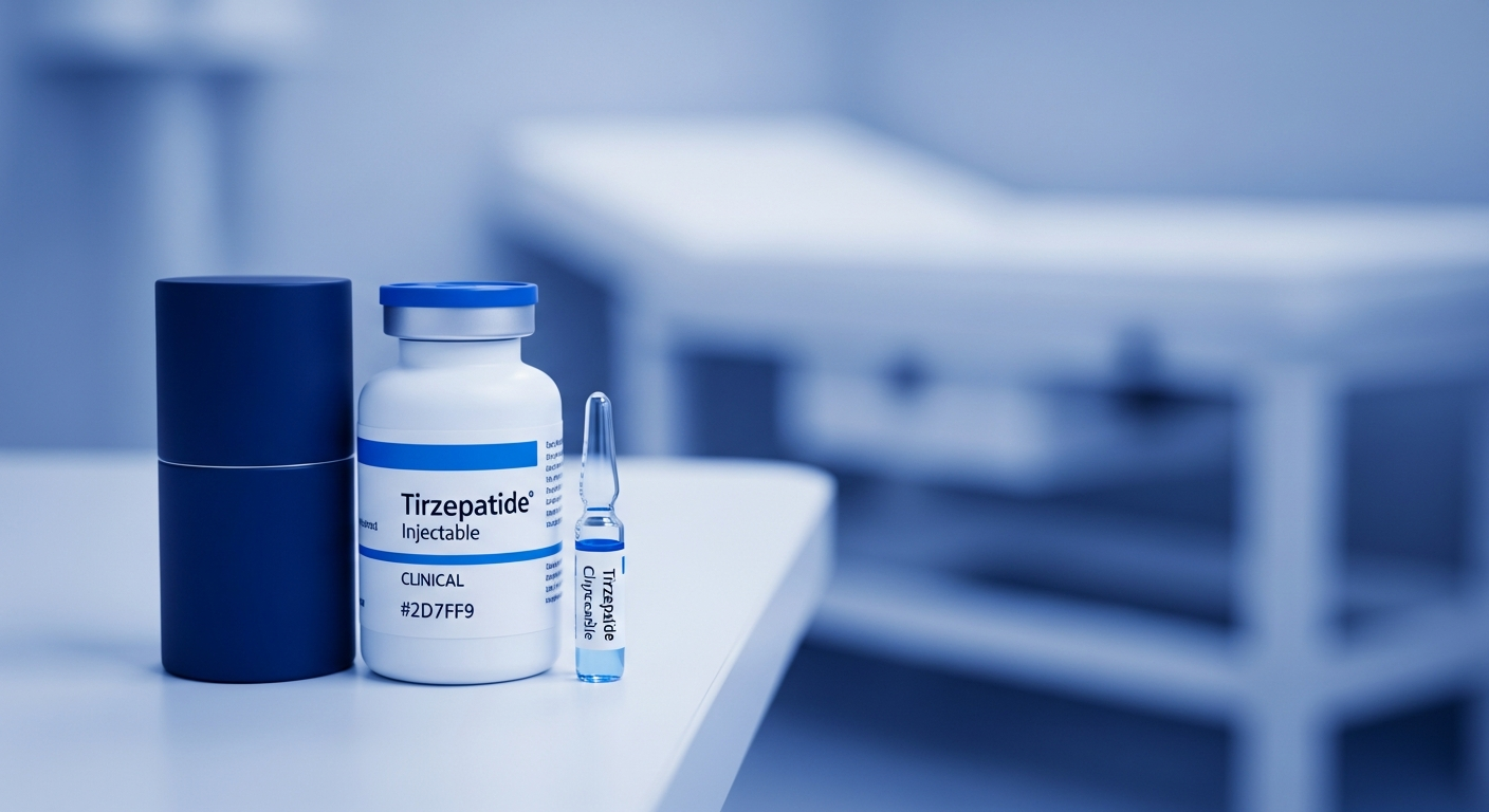 Tirzepatide injectable vials on a medical weight-loss clinic exam-room counter