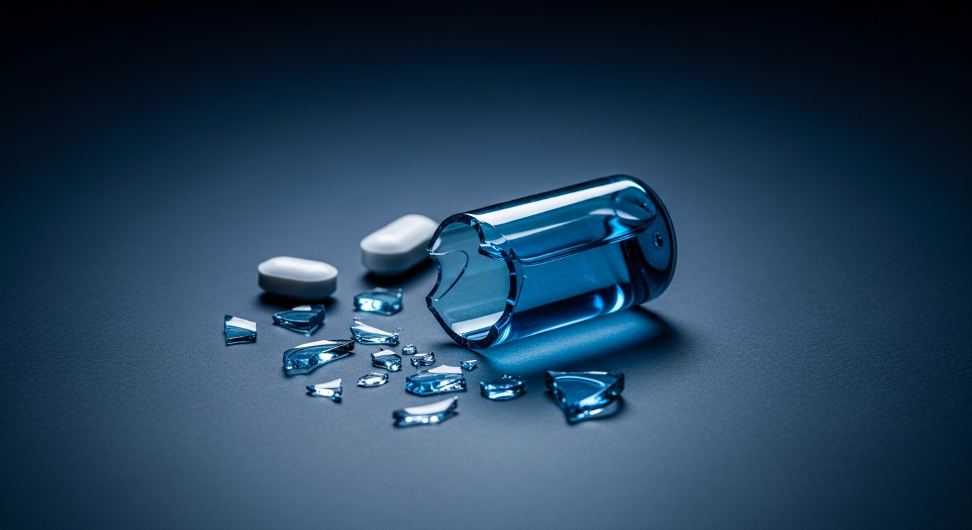 Single broken pharmaceutical glass vial on a dark clinical surface conveying supplier risk