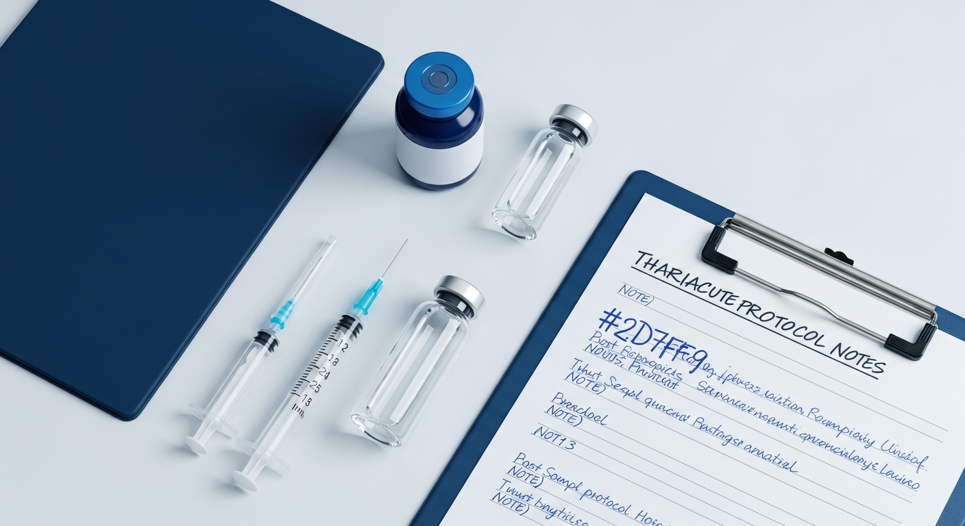 Top-down of pharmaceutical vials, syringes, and a wellness clinic protocol clipboard