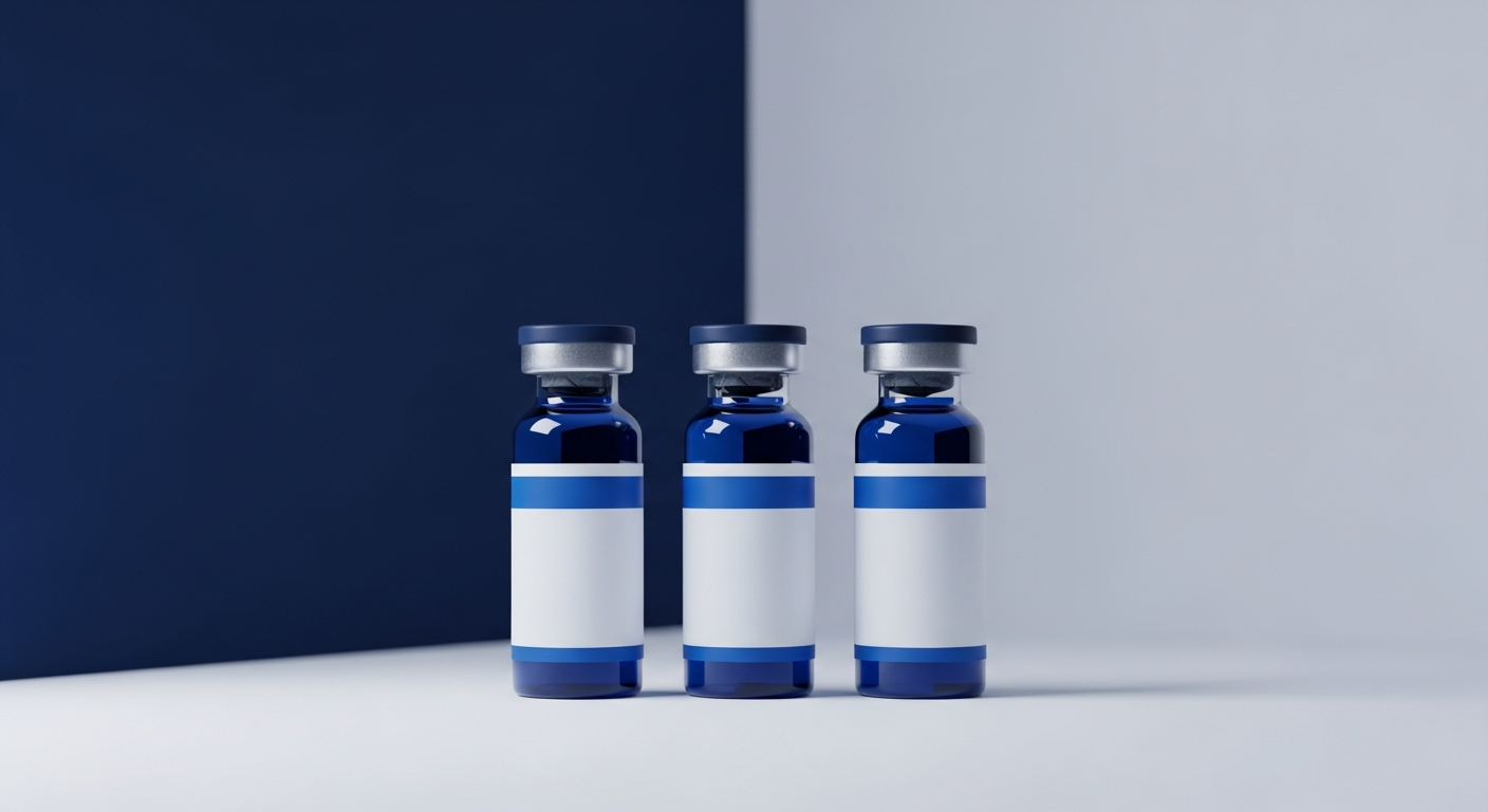 Three identical GLP-1 pharmaceutical glass vials with foil seals in a row