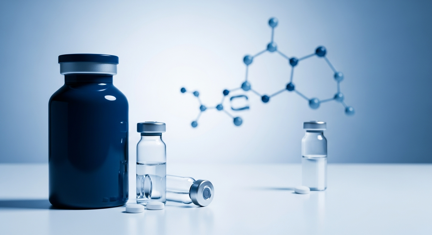 Growth hormone secretagogue pharmaceutical vials with peptide molecular chain background