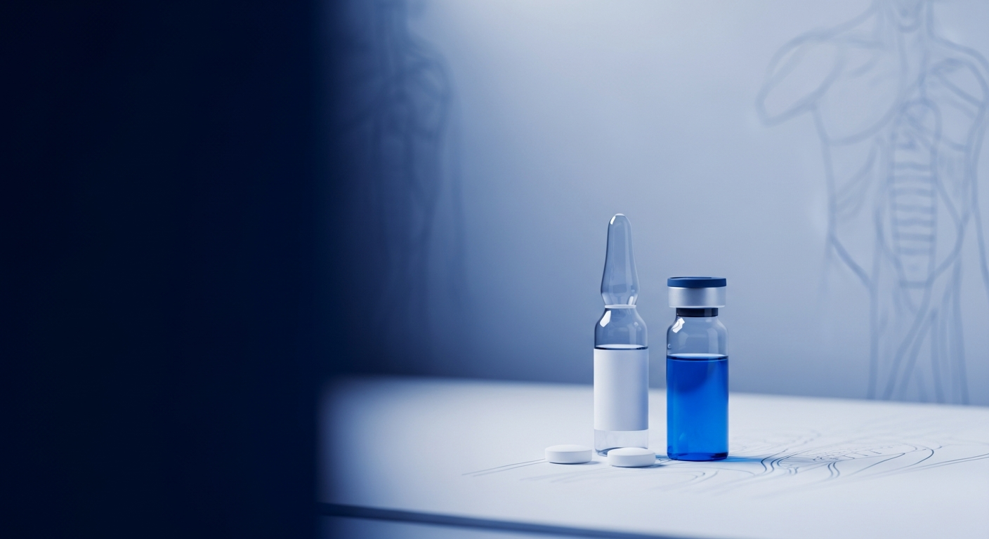 Healing and recovery pharmaceutical vials with anatomical line drawing background