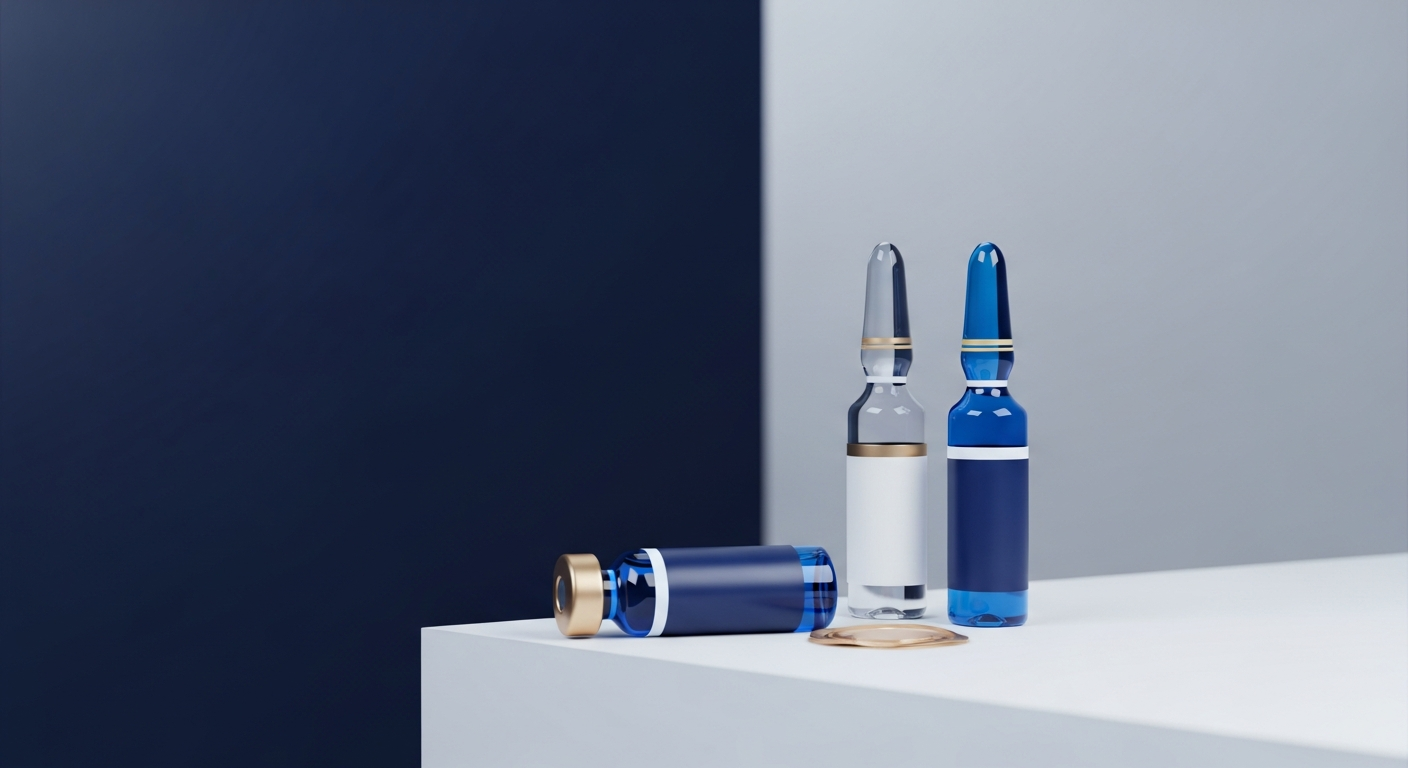 Premium longevity pharmaceutical vials with pale gold accent foil seals