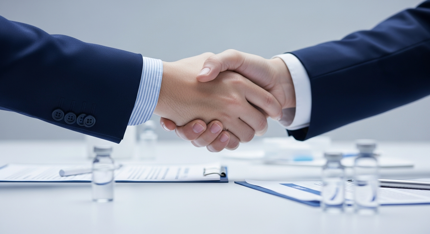 Professional B2B handshake over a clinical desk with pharmaceutical vials and documents