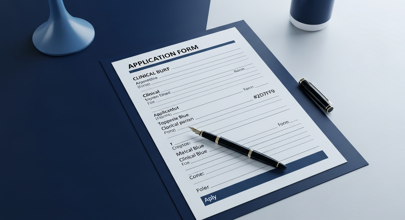 Top-down of a clean printed wholesale application form on a desk with a pen