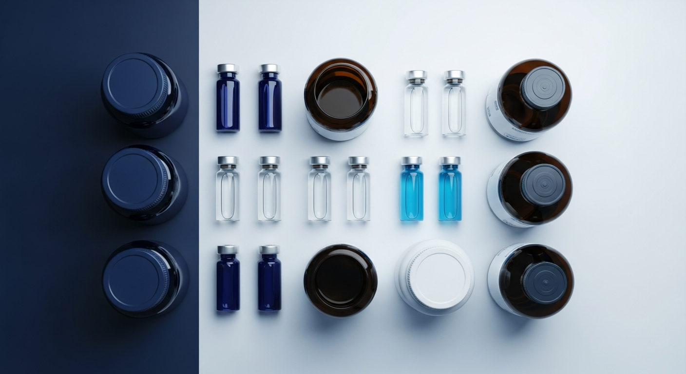 Overhead view of pharmaceutical glass vials and bulk amber containers in a grid