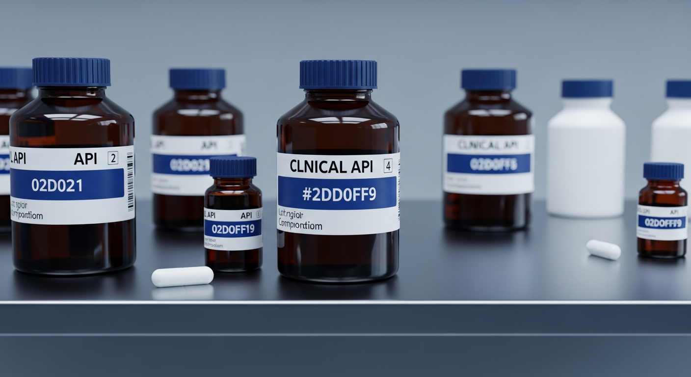 Sealed amber bulk API containers with lot-number labels on a pharmacy bench