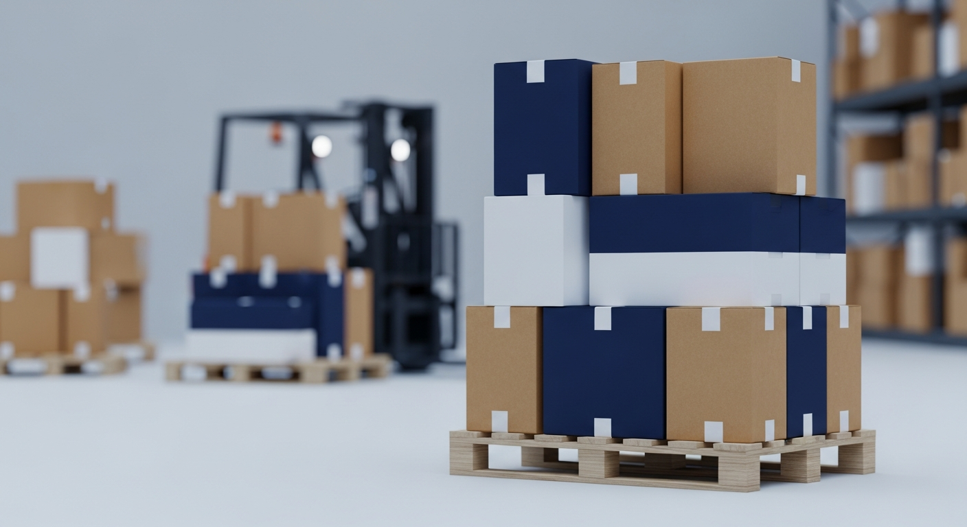 Sealed shipping cartons on warehouse pallets in a fulfillment center