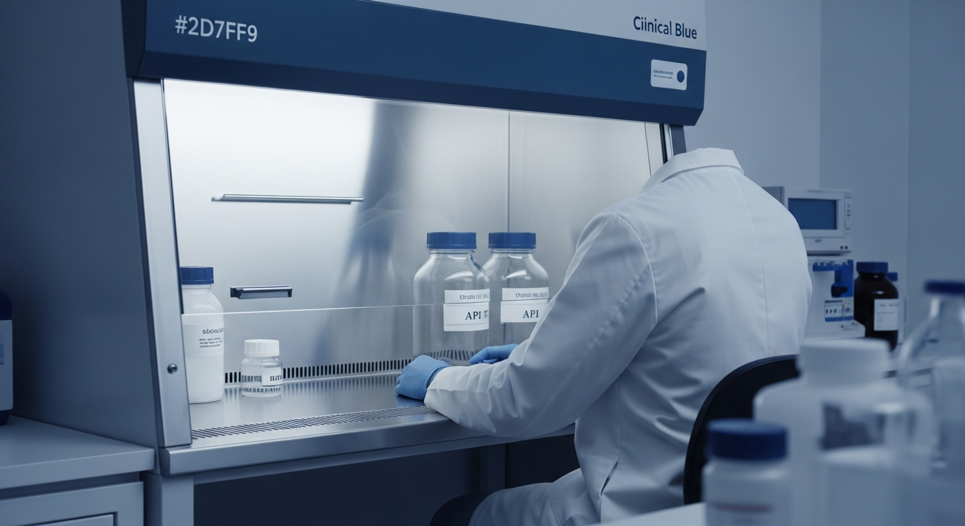 Compounding pharmacy cleanroom with laminar-flow hood and bulk API