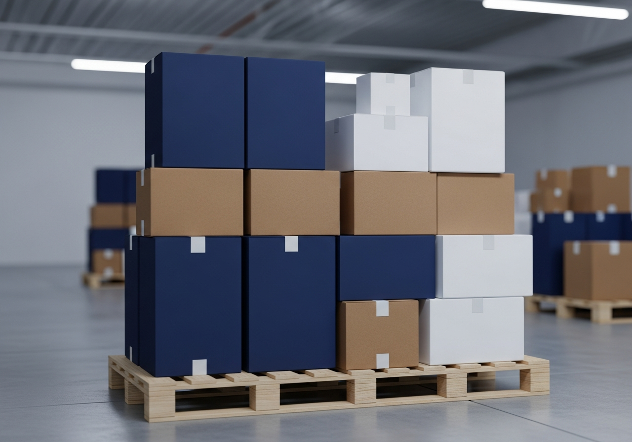 Sealed shipping cartons stacked on a fulfillment warehouse pallet