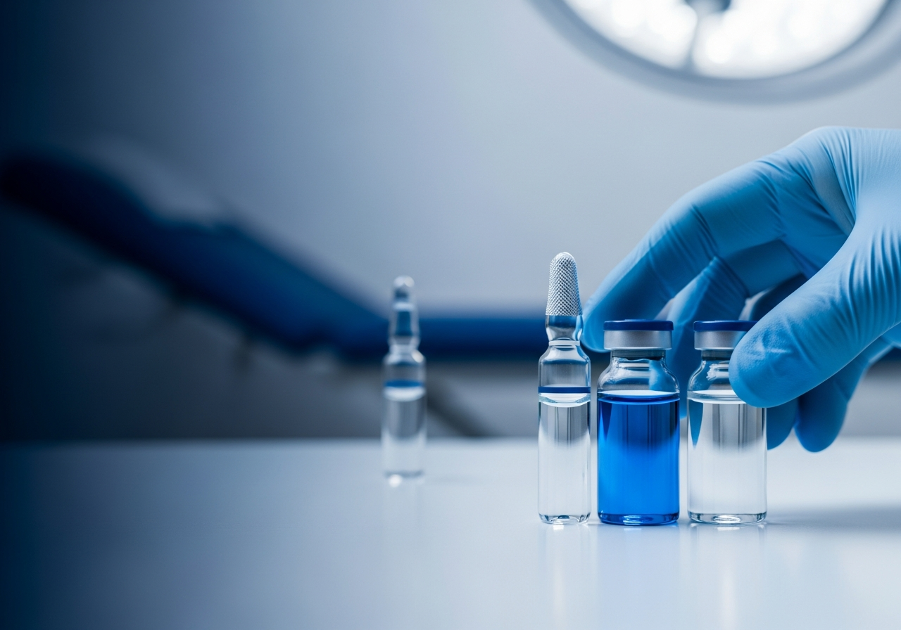 Sterile injectable vials and gloved hand in a medical clinic — wholesale peptides for clinics